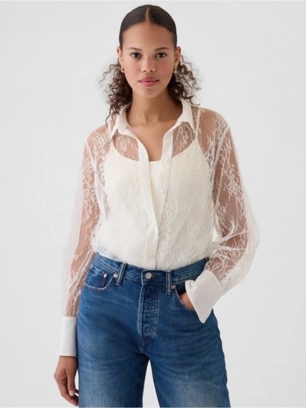 GAP Cream Sheer Lace Button-Down Shirt Sz Med NWT